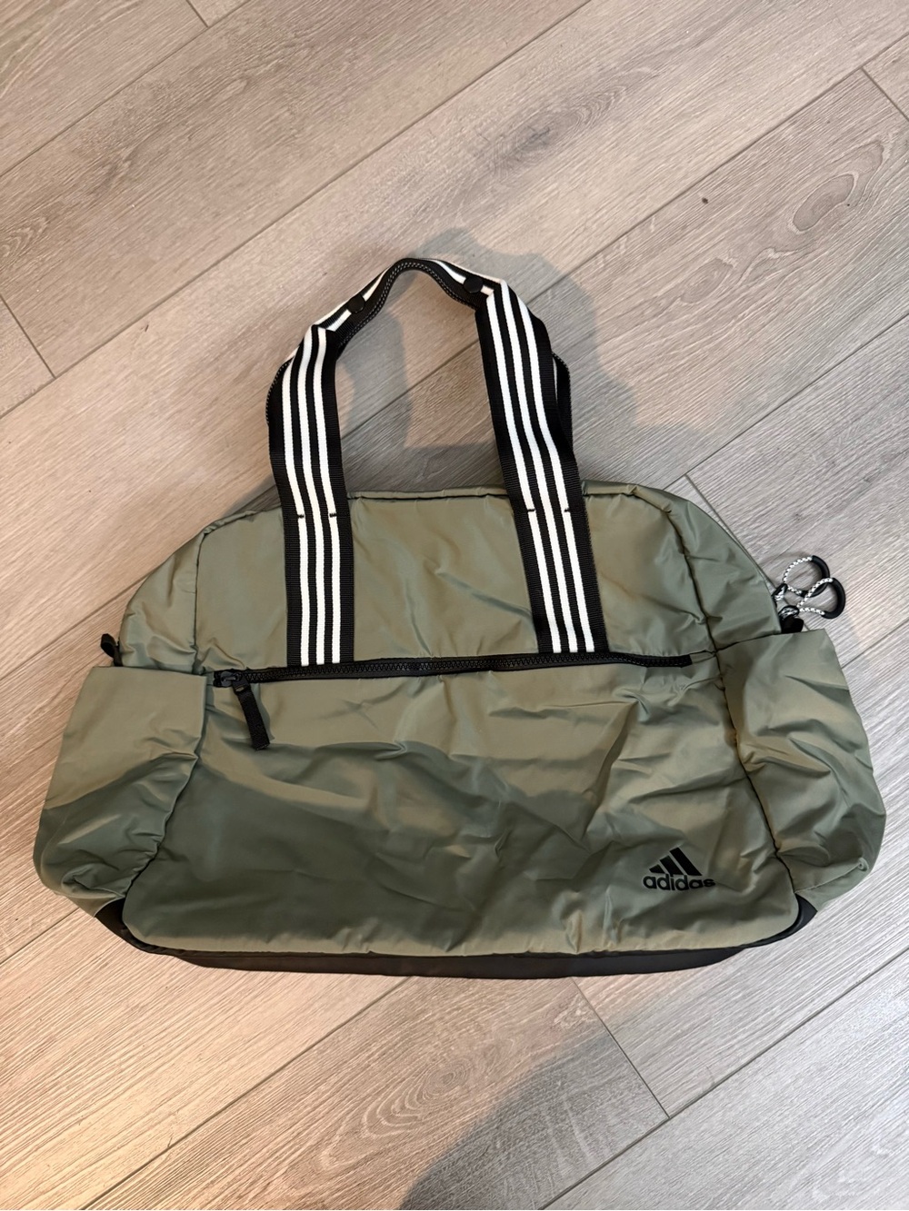 adidas Olive Green Duffel with Black & White Striped Handles